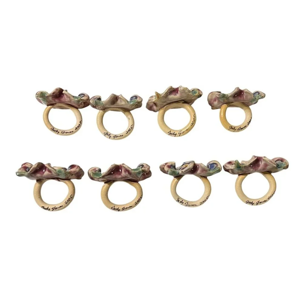8 Judy Jones Pottery Signed Napkin Rings Studio Art Floral Design Multicolor Vtg